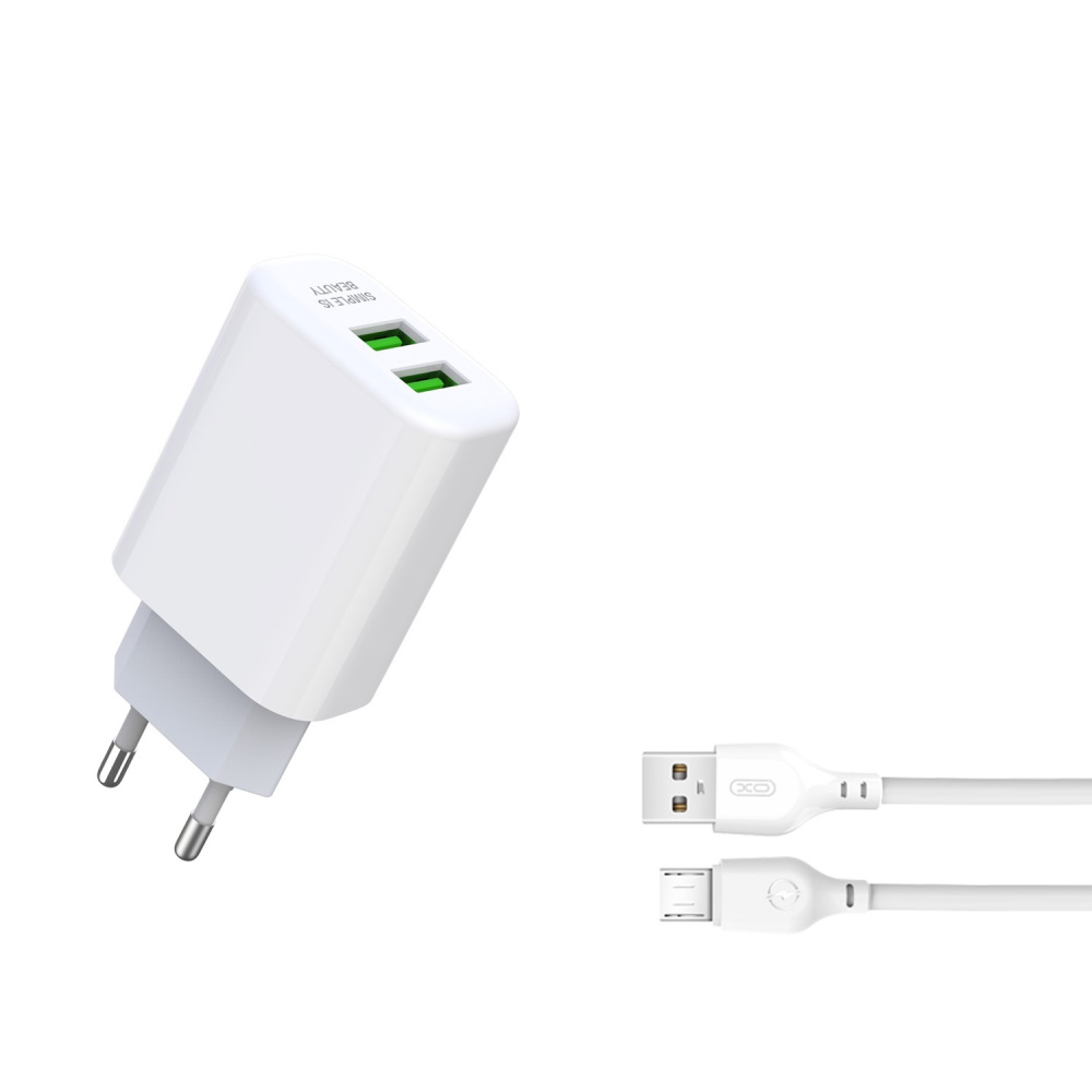 XO Hálózati töltő adapter L85C 2x USB 2.4A + microUSB kábel fehér