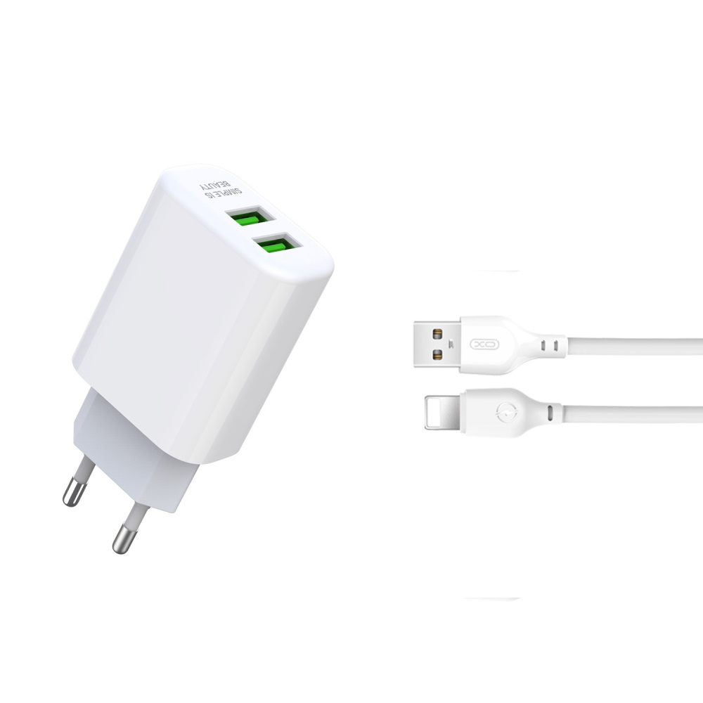 XO Hálózati töltő adapter L85C 2x USB 2.4A + Lightning kábel fehér