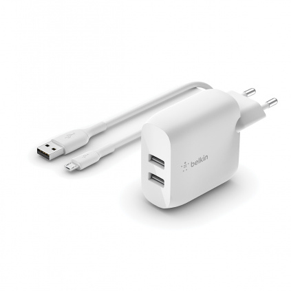 Belkin Boost Charge Dual USB-A hálózati töltő adapter 24W + USB-A - Micro-USB kábel fehér (WCE002vf1MWH)