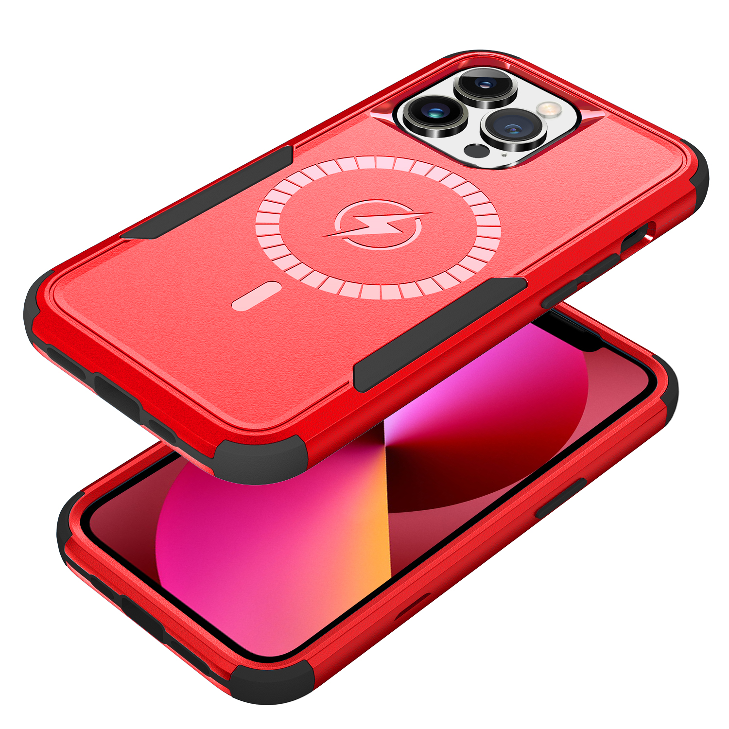 iPhone 13 Pro Max 3 az 1-ben ütésálló MagSafe-kompatibilis mágneses tok piros-fekete Alphajack