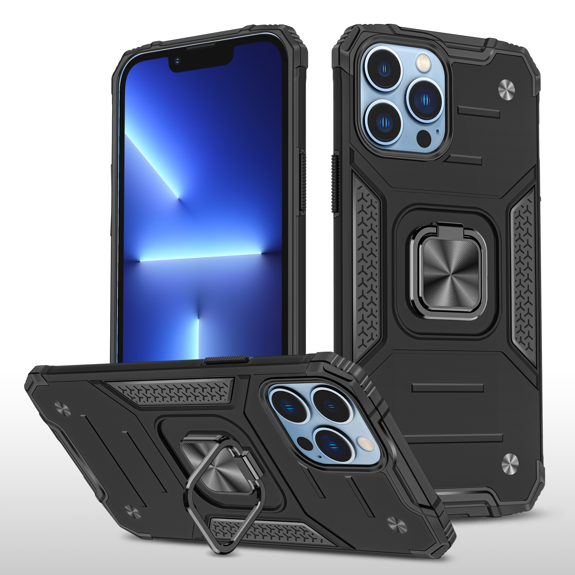 iPhone 14 Pro Max Ring Armor Case Kickstand tok kihajtható mágneses támasszal fekete Alphajack