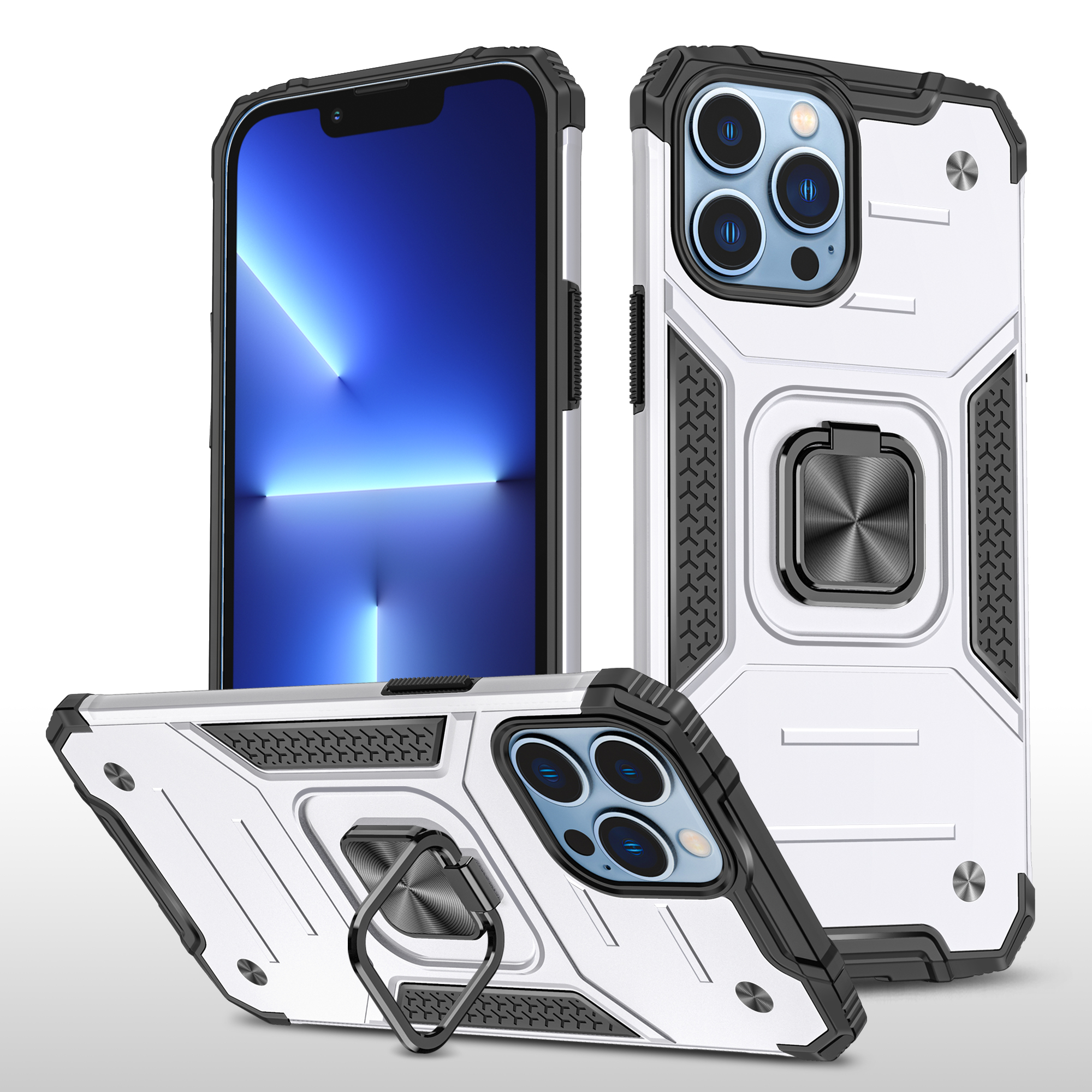 iPhone 14 Plus Ring Armor Case Kickstand tok kihajtható mágneses támasszal ezüst Alphajack
