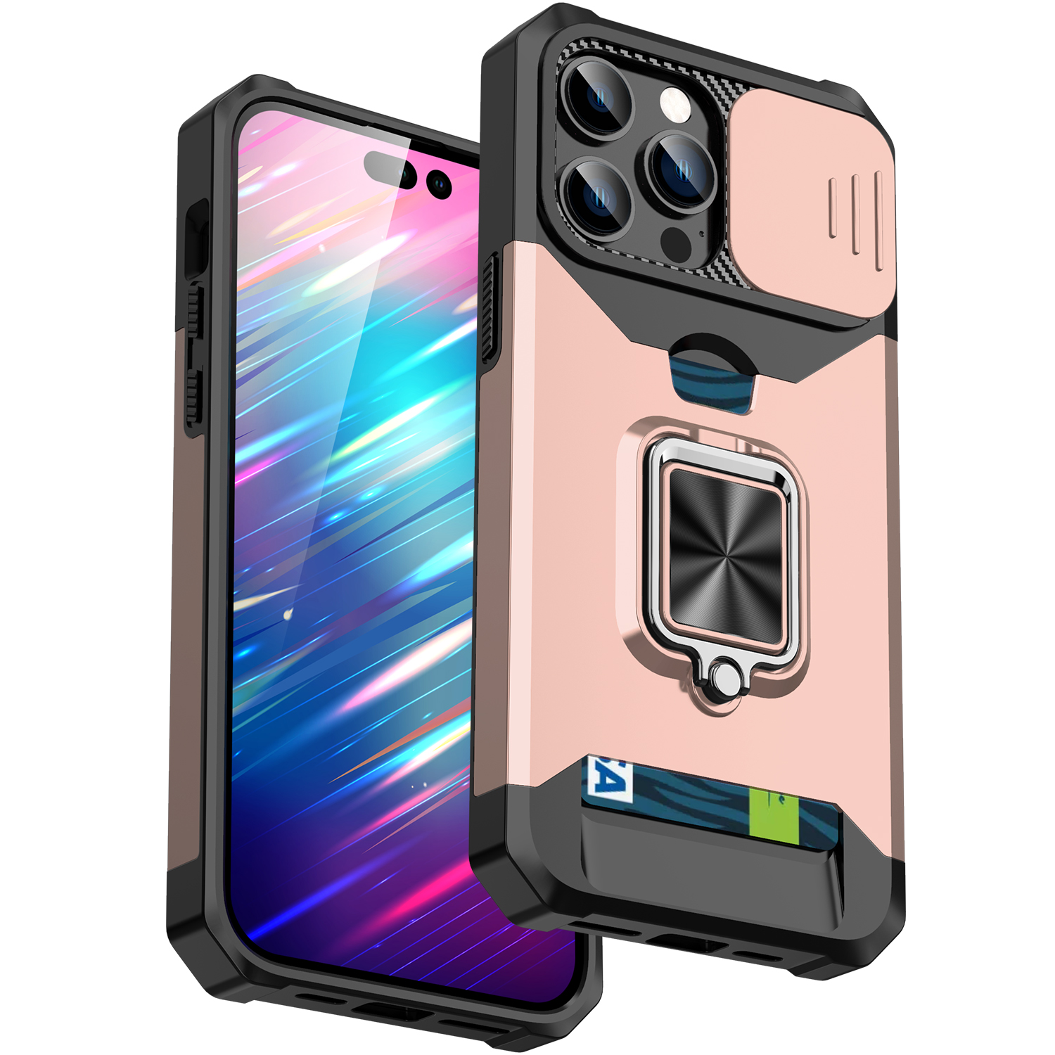 iPhone 14 Plus Ring Armor tok kameralencse védővel, kihajtható támasszal, kártyatartóval rózsaszín Alphajack