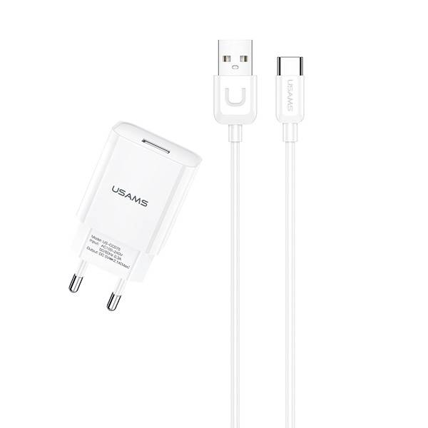 USAMS T21 hálózati töltő adapter + USB-C gyorstöltő kábel 2.1 A fehér (T21OCTC01)