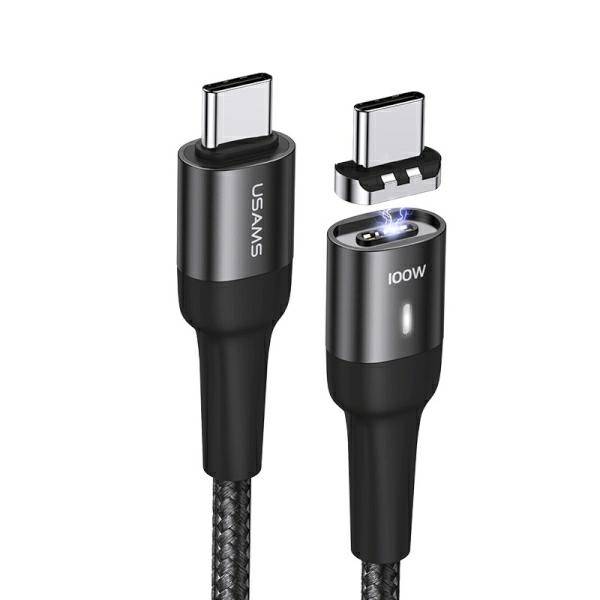 USAMS U58 mágneses USB-C - USB-C töltőkábel 100 W PD gyorstöltés 5A, 1,5 m fekete (US-SJ466)