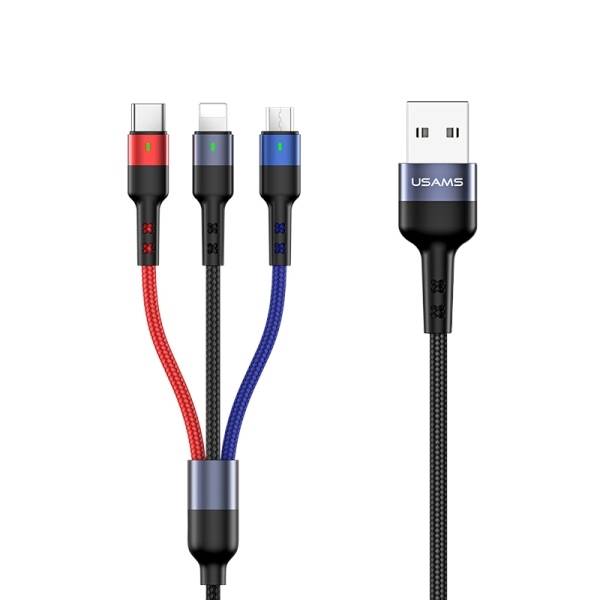 USAMS U26 3 az 1-ben 0.35m 2A gyorstöltésű fonott kábel,  lightning / microUSB / USB-C (US-SJ410)