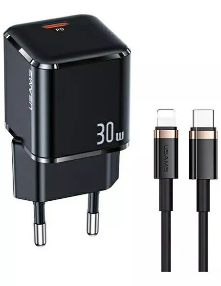 USAMS T45 hálózati töltő adapter USB-C 30W PD3.0 + QC3.0 gyorstöltés + kábel U63 USB-C / lightning fekete (USAMS-UX)