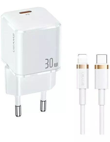 USAMS T45 hálózati töltő adapter USB-C 30W PD3.0 + QC3.0 gyorstöltés + kábel U63 USB-C / lightning fehér (USAMS-UX)