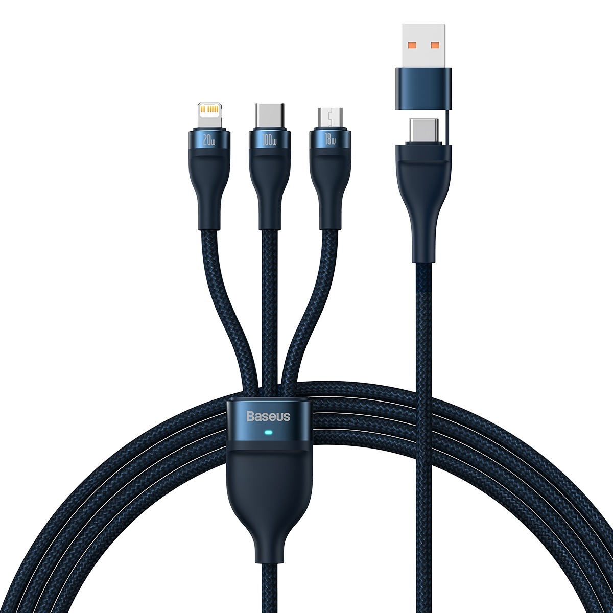 Baseus Flash Series II 3 az 1-ben kábel USB, Type C - Type C, Lightning, microUSB 100W 1.2 m sötétkék