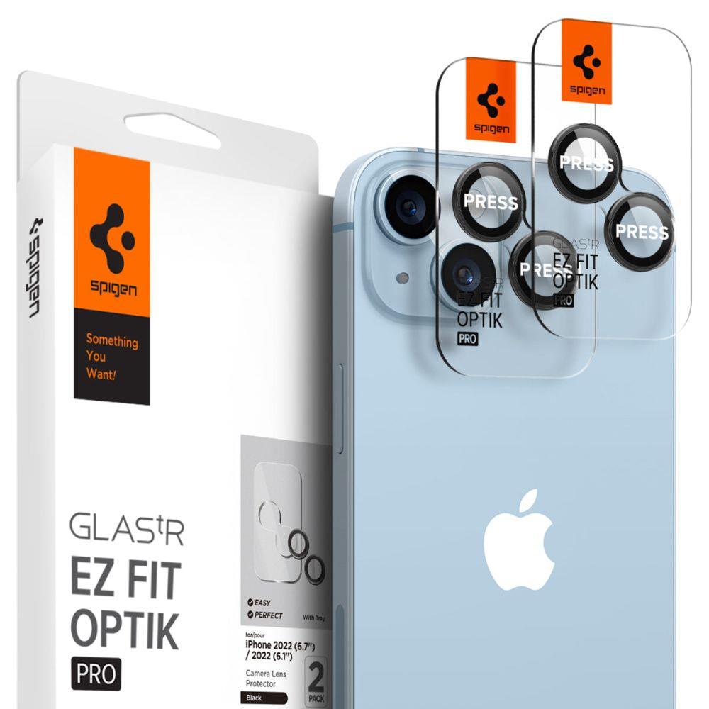 iPhone 14/14 Plus/15/15 Plus Spigen Optik.TR 2x kameralencsevédő 9H üveg fekete keretes (AGL05213)