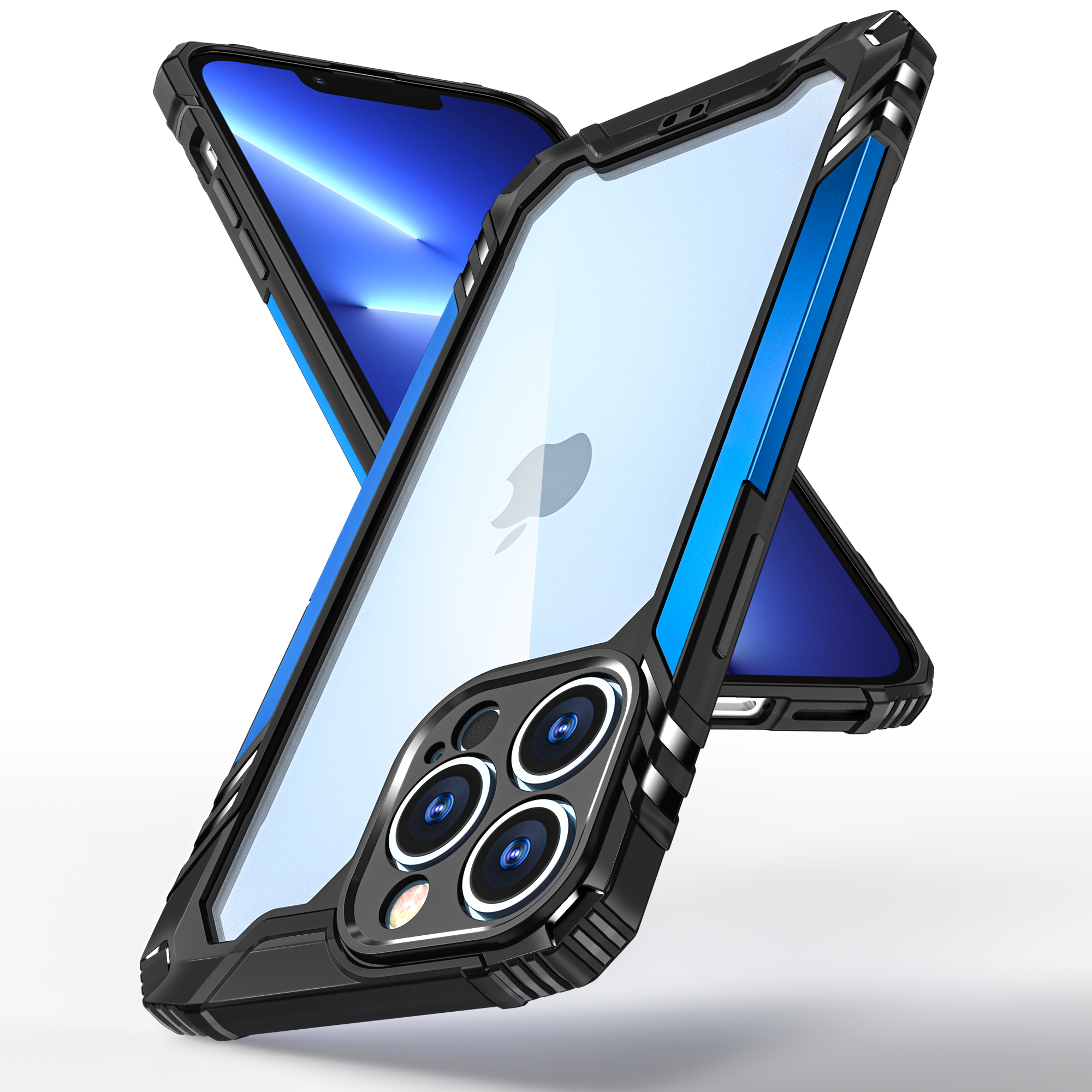 iPhone 12 ütésálló TPU+alumínium tok fekete-kék kerettel Alphajack