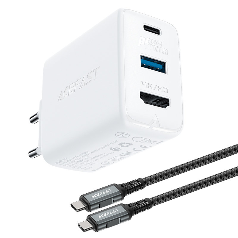 Acefast 2 az 1-ben hálózati töltő adapter GaN 65W USB Type C / USB, HDMI adapter 4K@60Hz + USB Type C kábel 1.8m, fehér (A17)