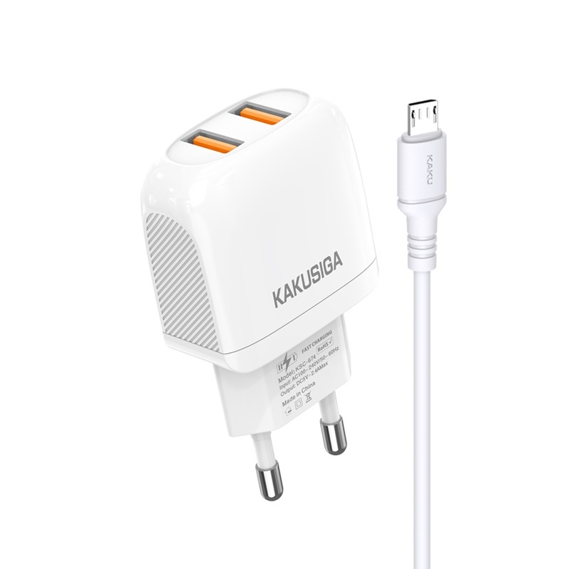 Kaku Xuansu hálózati töltő adapter 2xUSB 2.4A + USB-microUSB kábel fehér