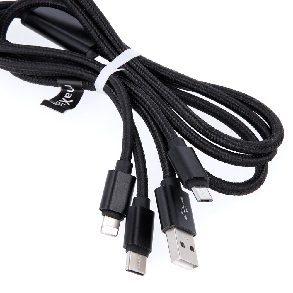 Maxlife 3 az 1-ben USB - Lightning + USB-C + microUSB nylon kábel 1,0 m 2,1 A fekete