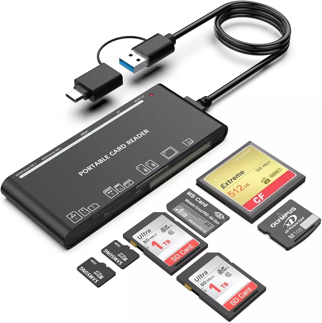 ROCKETEK 7 az 1-ben USB 3.0/USB-C kártyaolvasó CF/2x SD/2x microSD/XD/MS (RT-CR7AC)