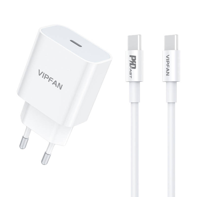 Vipfan E04 fali hálózati töltő adapter, USB-C, 20W, QC 3.0 + USB-C kábel (fehér)
