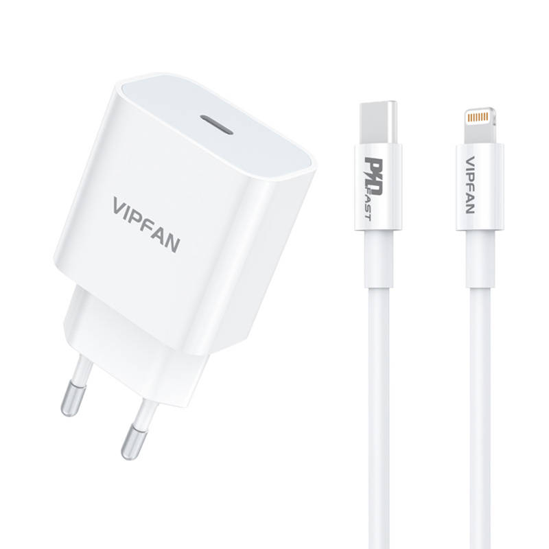Vipfan E04 fali hálózati töltő adapter, USB-C, 20W, QC 3.0 + Lightning kábel (fehér)