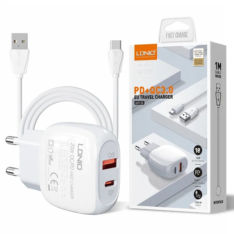 LDNIO A2313C 18W hálózati töltő adapter USB-A, USB-C QC3.0 PD + 1m USB töltőkábel