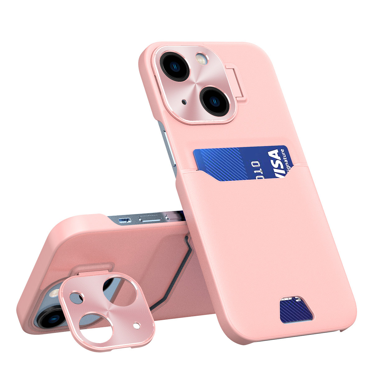 iPhone 14 Leather Stand tok kártyatartóval rózsaszín