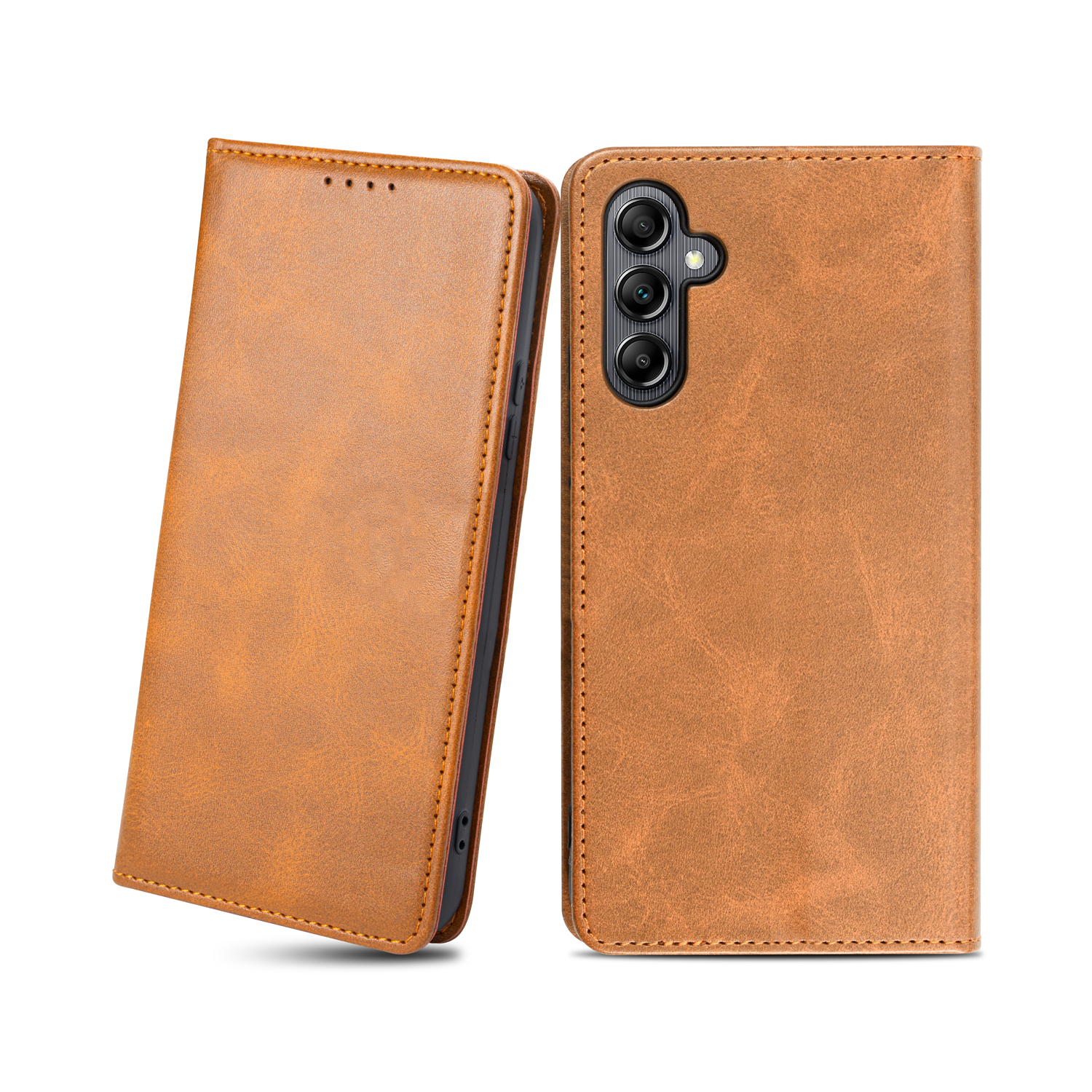 Samsung Galaxy A14 4G/5G mágneses pánt nélküli PU bőr fliptok kártyatartóval világosbarna Alphajack