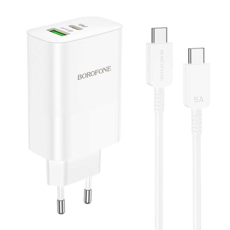 Borofone BN10 SunLight fali töltő adapter USB + Type C QC 3.0 PD 65W + Type C - Type C kábel fehér