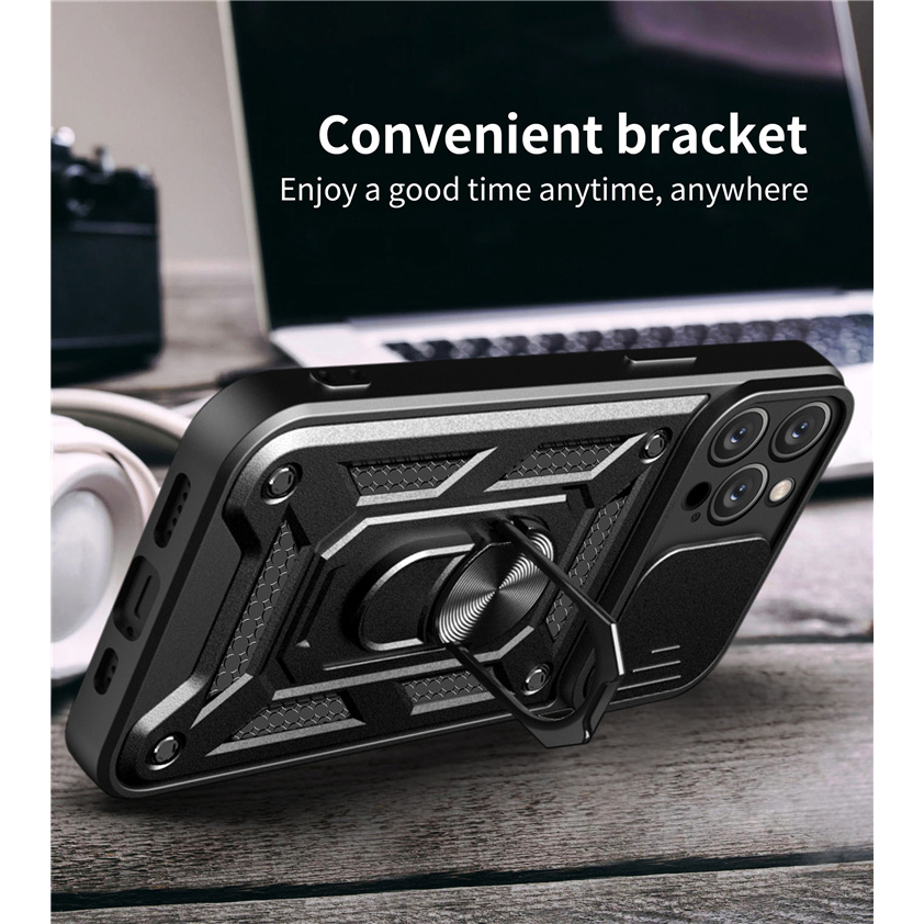 iPhone 15 Ring Lens tok kameralencse védővel, kihajtható mágneses támasszal piros Alphajack telefontok