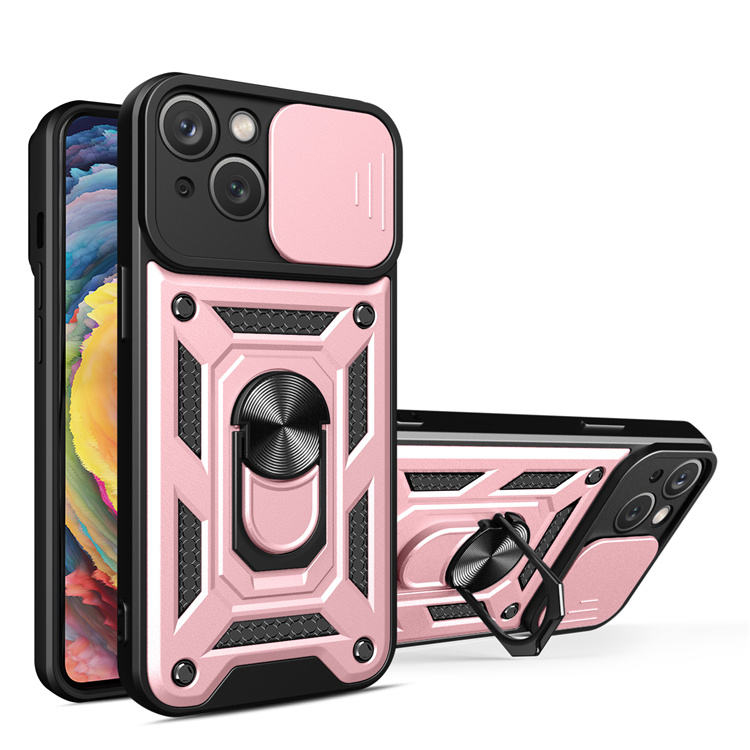 iPhone 15 Plus Ring Lens tok kameralencse védővel, kihajtható mágneses támasszal rózsaszín Alphajack telefontok