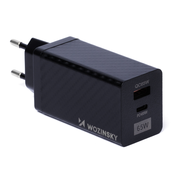 Wozinsky 65W GaN hálózati töltő adapter USB, USB C QC 3.0 PD fekete (WWCG01)