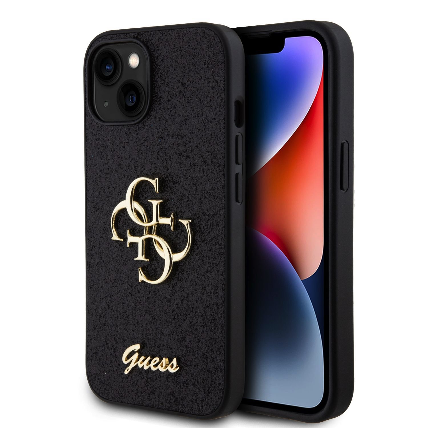 iPhone 15 Guess PU Fixed Glitter 4G Metal Logo telefontok fekete (GUHCP15SHG4SGK)
