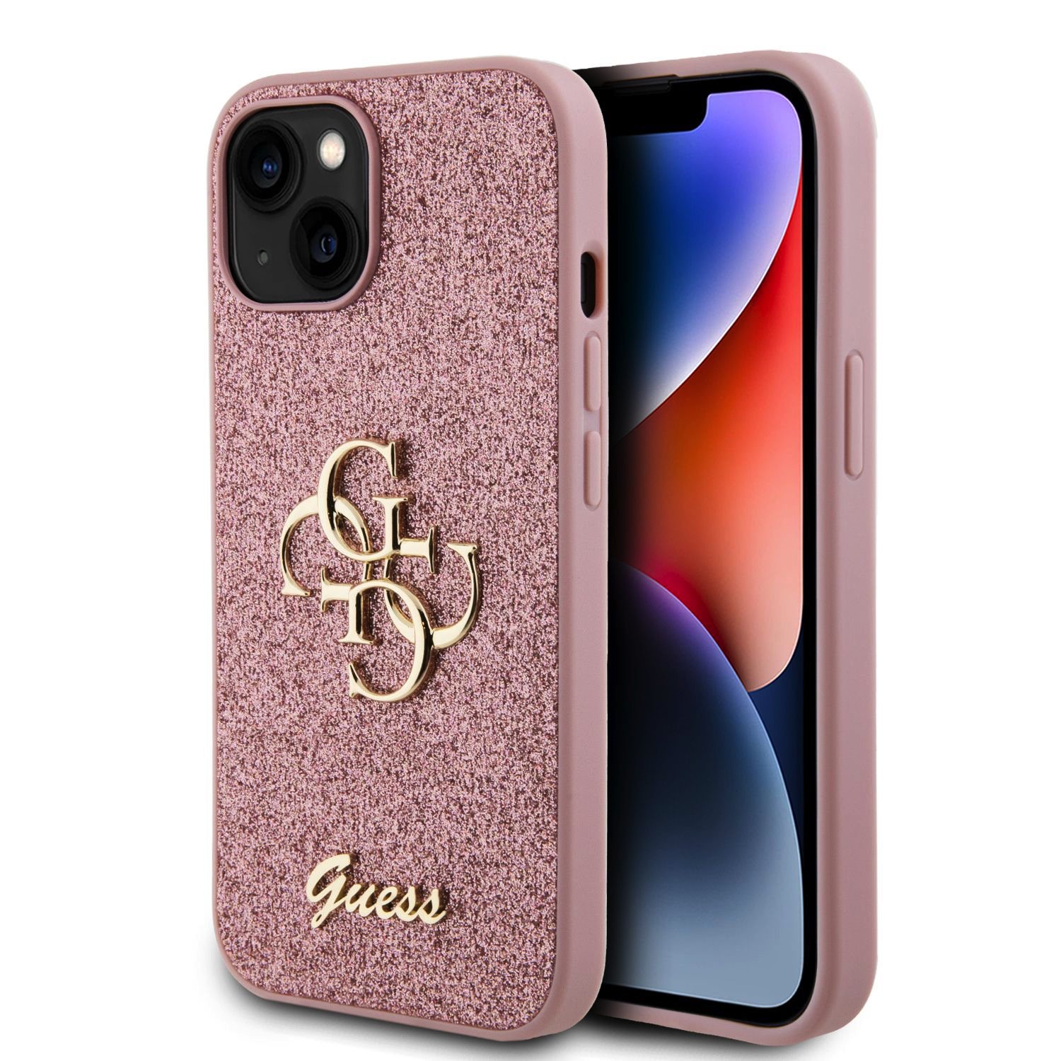 iPhone 15 Guess PU Fixed Glitter 4G Metal Logo telefontok rózsaszín (GUHCP15SHG4SGP)
