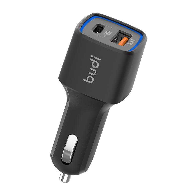 Budi 18W autós szivargyújtós töltő USB + USB-C, PD + QC 3.0 LED világítással (fekete)