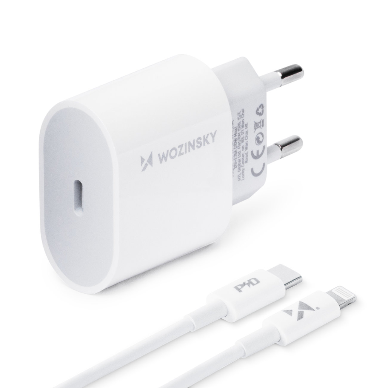 Wozinsky hálózati gyorstöltő adapter USB C PD 20W + USB C / Lightning kábel 1m fehér
