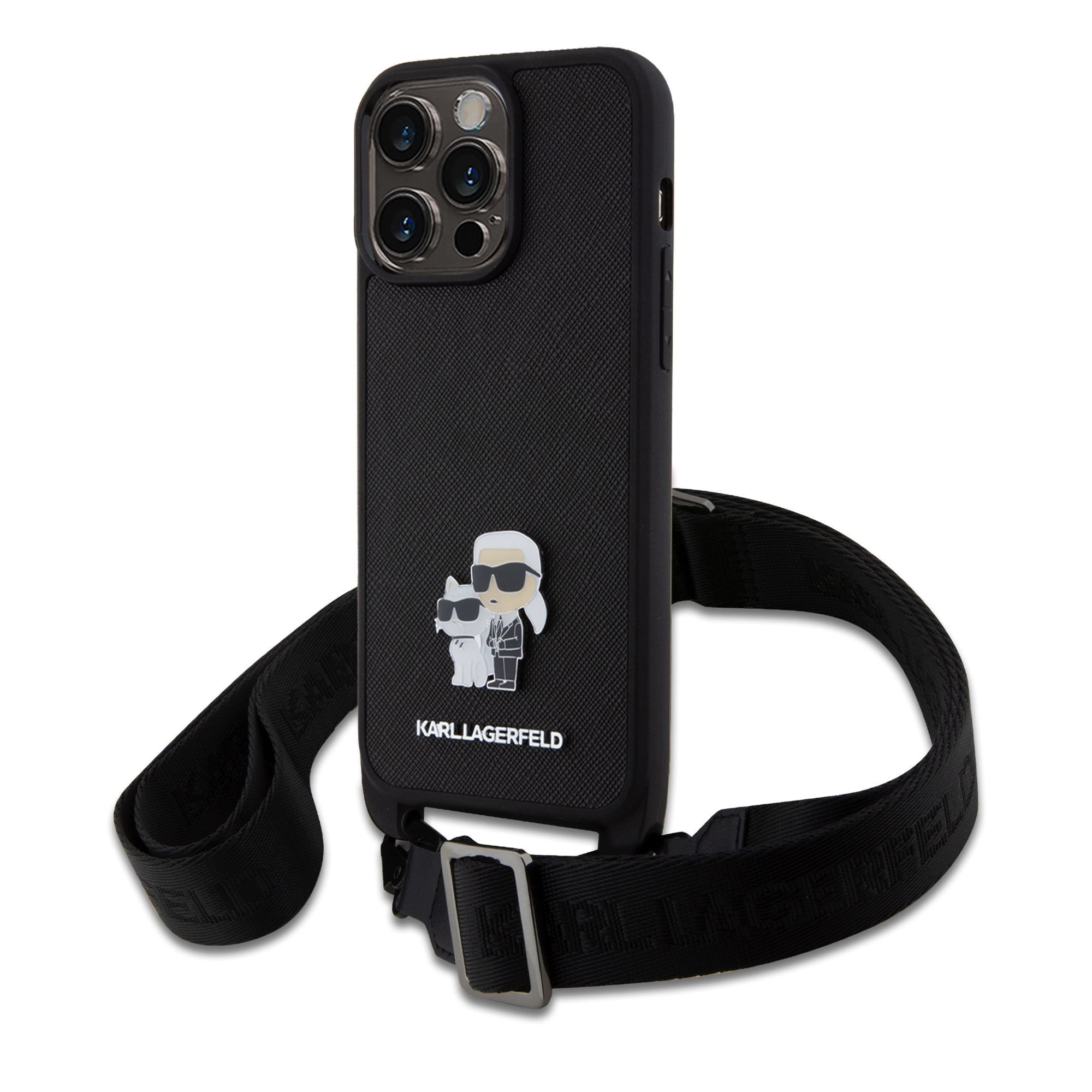 iPhone 15 Pro Max Karl Lagerfeld Saffiano Crossbody Metal Karl és Choupette keresztpántos tok, telefontok fekete