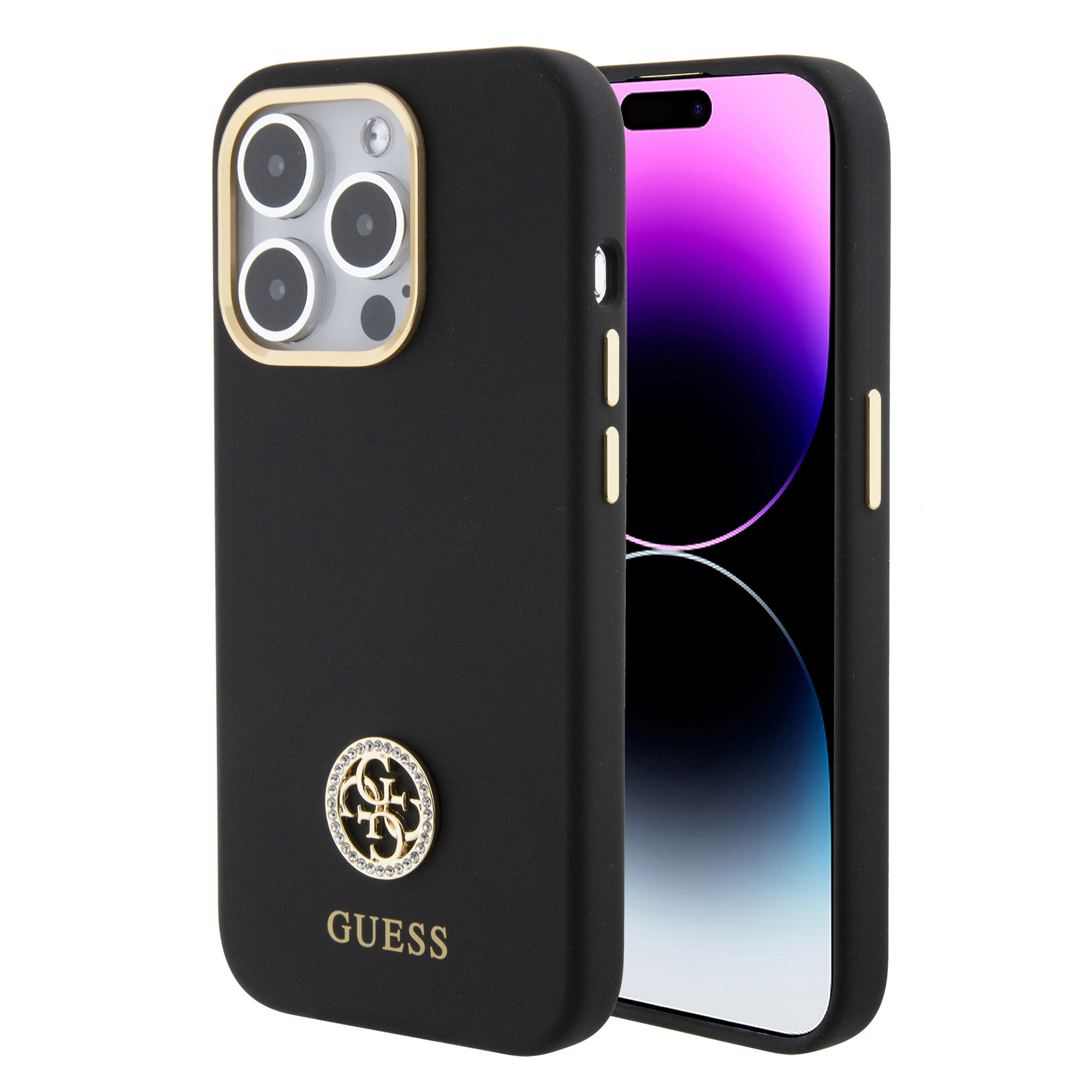 iPhone 15 Pro Guess Liquid Silicone 4G Strass Metal Logo tok fekete (GUHCP15LM4DGPK)