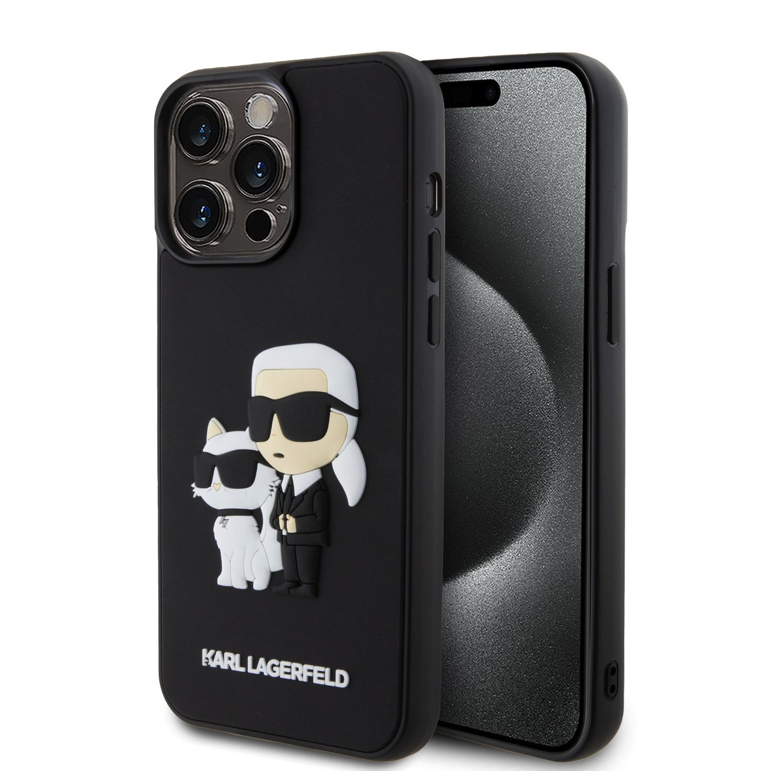 iPhone 15 Pro Max Karl Lagerfeld KLHCP15X3DRKCNK 3D Rubber Karl and Choupette tok fekete