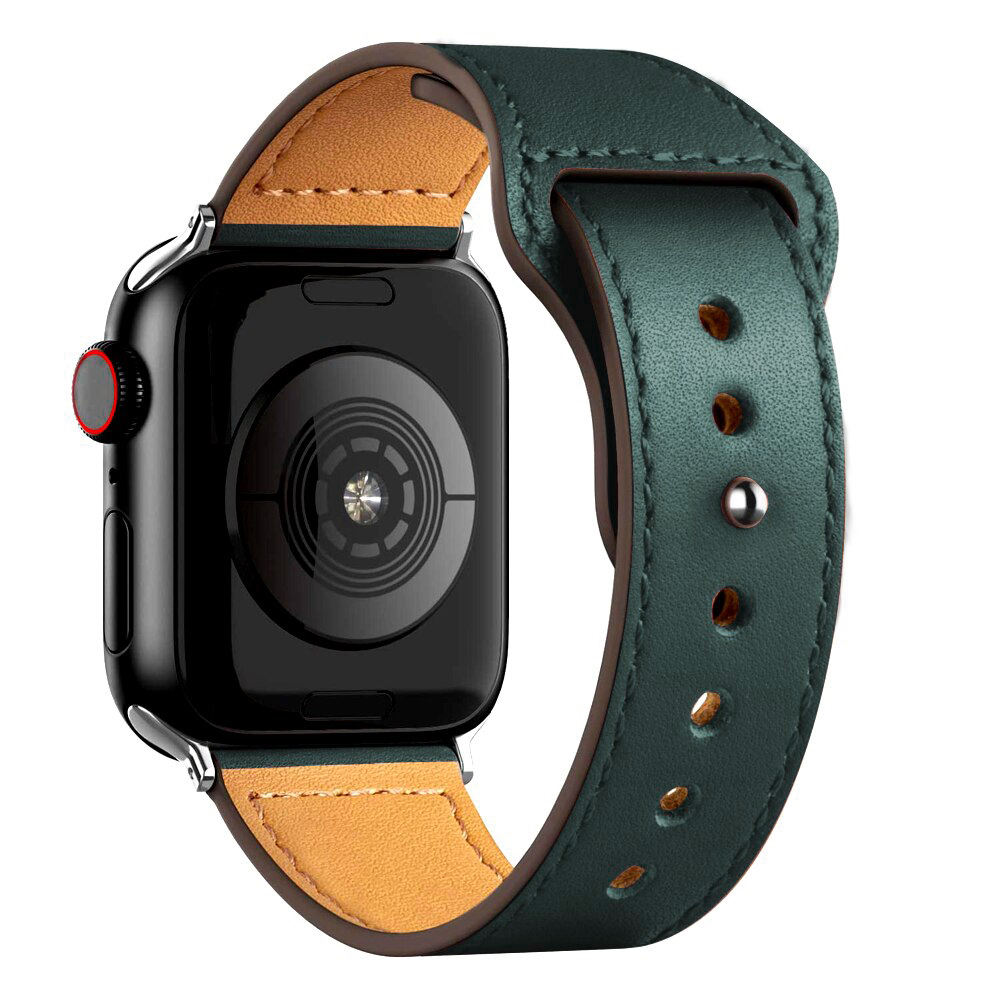 Apple Watch 1/2/3/4/5/6/7/8/9/SE/Ultra (42/44/45/49mm) TRPH bőr óraszíj oxford zöld