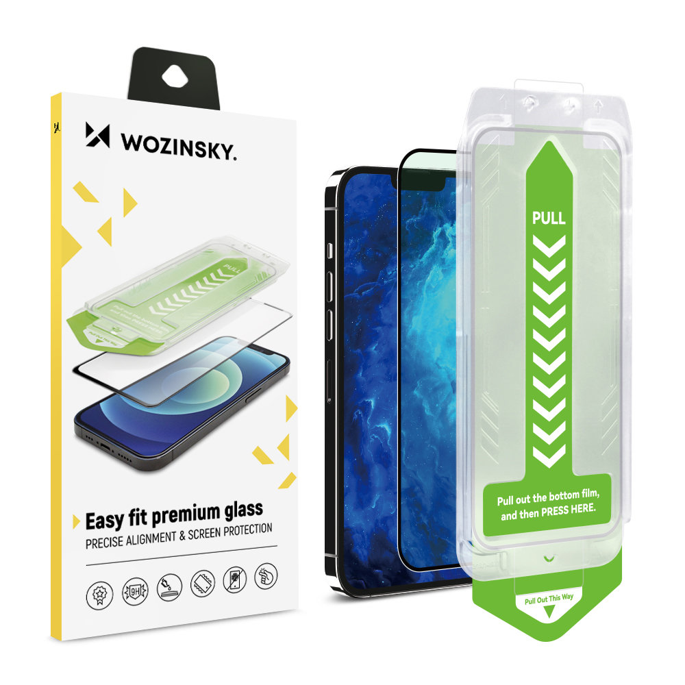 iPhone 15 Wozinsky Premium Glass 9H edzett kijelzővédő üvegfólia szerelőkerettel fekete