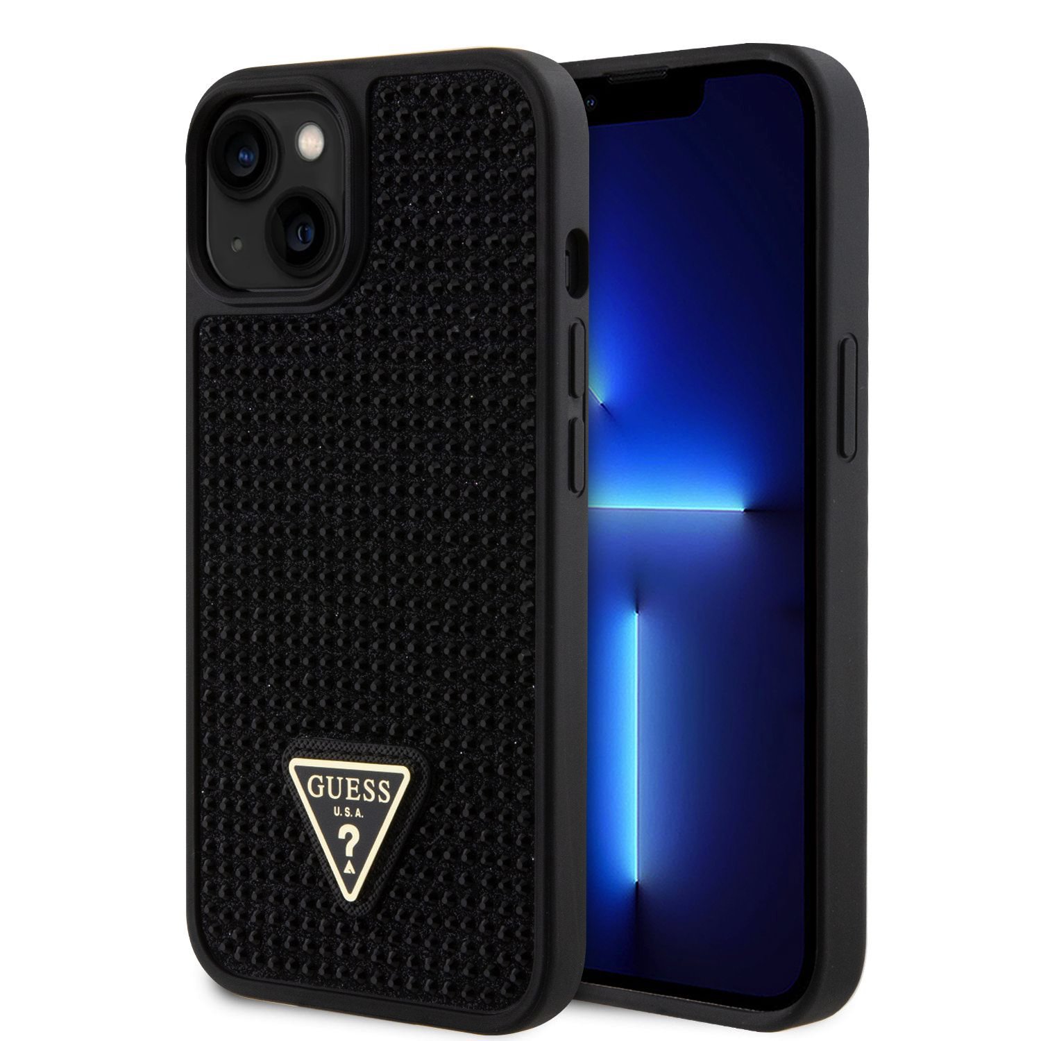 iPhone 13 Guess Rhinestones Triangle Metal Logo tok fekete (GUHCP13MHDGTPK)