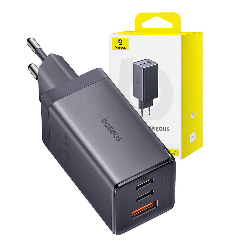 Baseus GaN5 hálózati töltő adapter 2x USB-C + USB, 65W + kábel 1m szürke