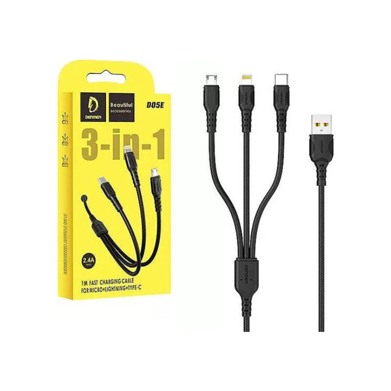 Denmen D05E 3 az 1-ben kábel 1m USB - Micro USB + Lightning + USB-C fekete