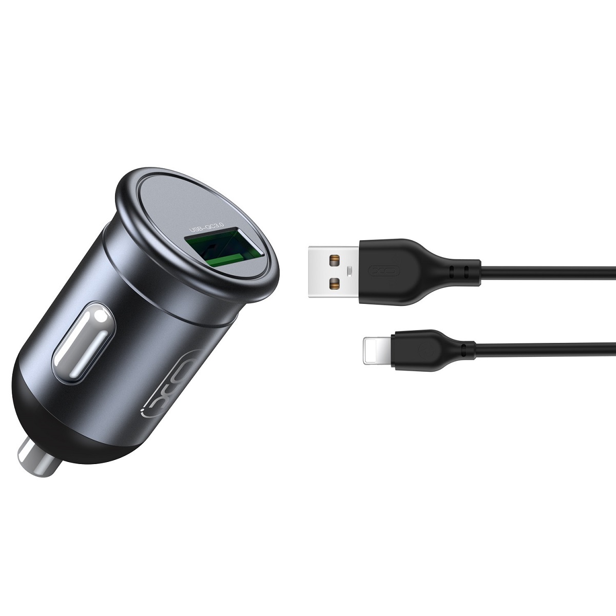 XO CC46 autós töltő QC 3.0 18W USB szürke + Lightning kábel