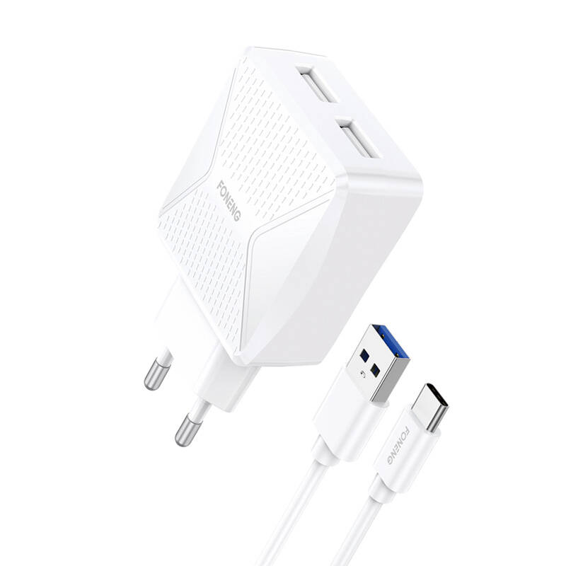 Foneng EU35 hálózati töltő adapter 2x USB-A + USB-A - USB-C kábel 2.4A (fehér)