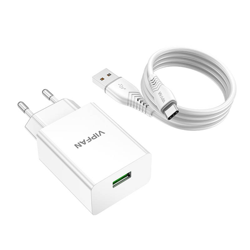 Vipfan E03 hálózati töltő adapter 1x USB-A 18W QC 3.0 + USB-A - USB-C kábel (fehér)