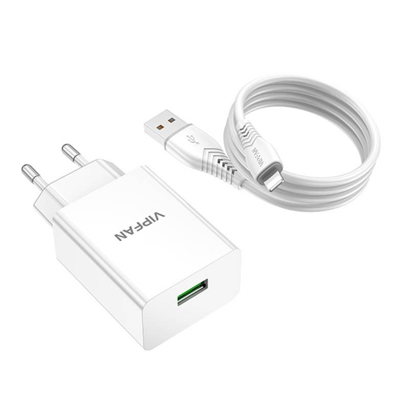 Vipfan E03 hálózati töltő adapter 1x USB-A 18W QC 3.0 + USB-A - Lightning kábel (fehér)