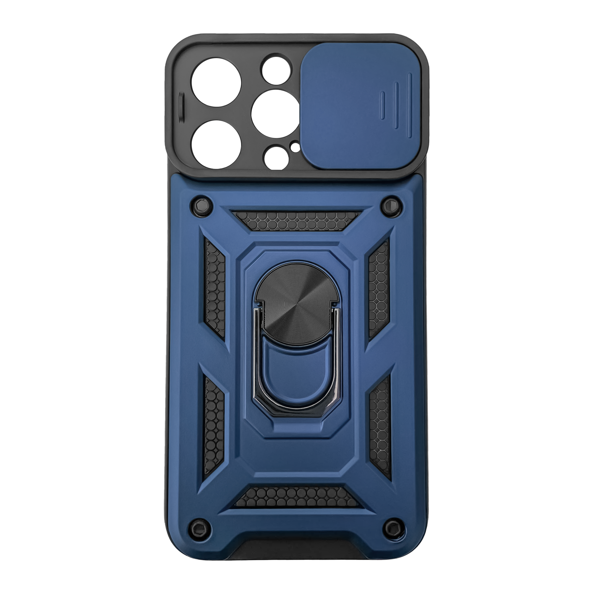 iPhone 15 Pro Max Ring Lens tok kameralencse védővel, kihajtható mágneses támasszal sötétkék Alphajack telefontok