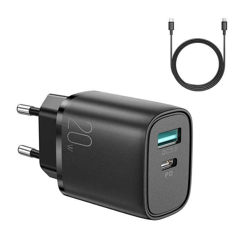 Joyroom L-QP2011 hálózati töltő adapter USB-A QC3.0 + USB-C  PD 20W + USB-C - Lightning kábel 1m (fekete)