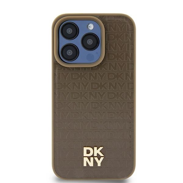 Eredeti DKNY kemény tok bőr mintával és fém logóval MagSafe DKHMP15SPSHRPSW iPhone 15 barna tok