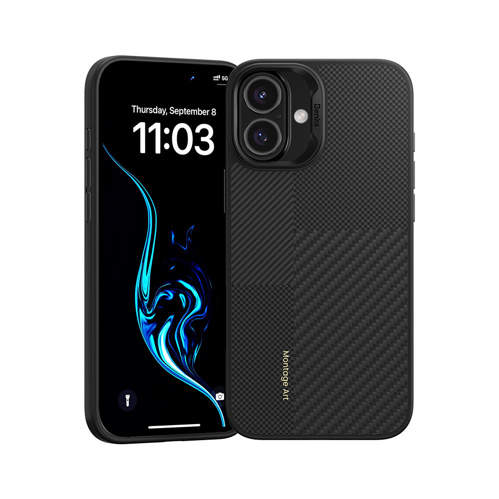  iPhone 16 Plus Fekete Benks Montage Magnetic Armor Pro Kevlar Tok Fém Keret 600D