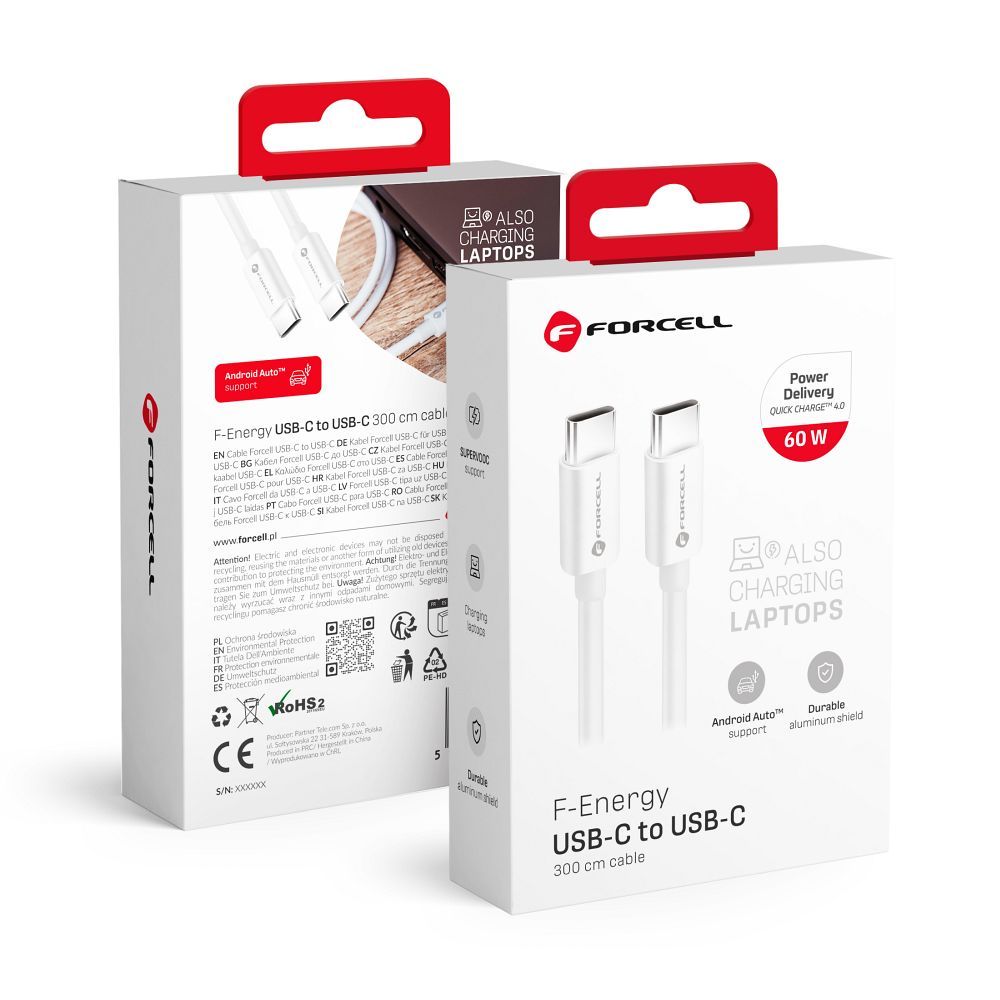 FFORCELL F-ENERGY C338 kábel Type C - Type C PD QC4.0 3A 60W 3 m fehér
