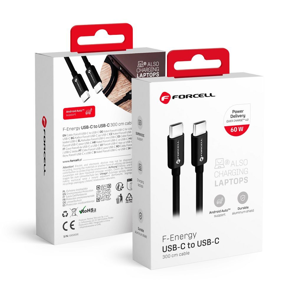 FORCELL F-ENERGY C338 Type C - Type C USB kábel PD QC4.0 3A 60W 3 m fekete